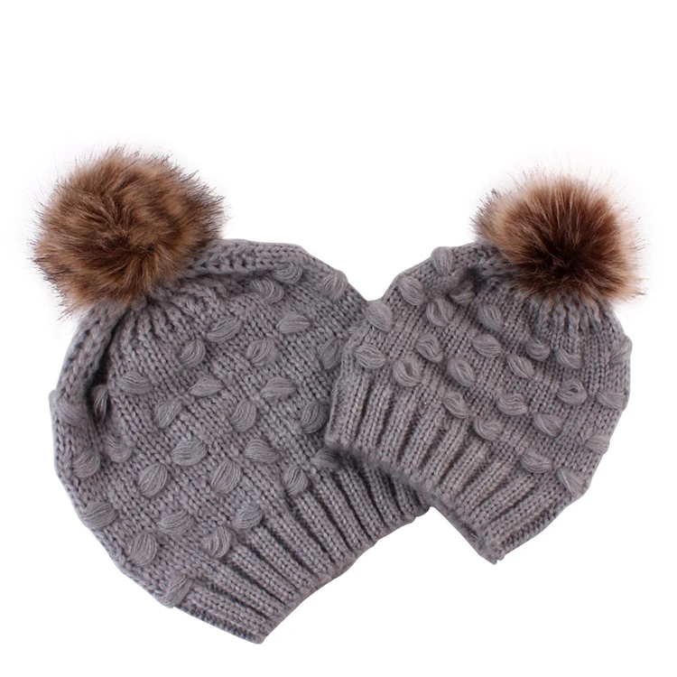 Autumn Winter Family Hat Mother and Kid Child Baby Warm Hat Knitted Crochet Baby and Mom Family Match Hat Caps Faux Fur Pompoms