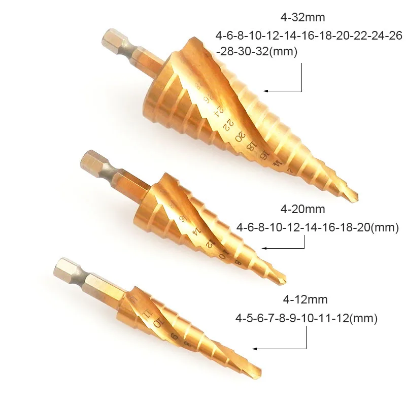 3 шт. 4-12 мм 4-20 мм 4-32 мм HSS титановое ступенчатое сверло конусное спиральное Рифленое сверло бит шестнадцатеричный хвостовик Дырокол резец металл дерево сверло набор