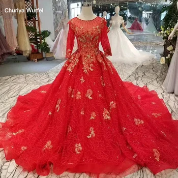 

LSS161 red bridal wedding party dresses o-neck long sleeves muslim evening dresses long ball gown celebration party dresses 2020