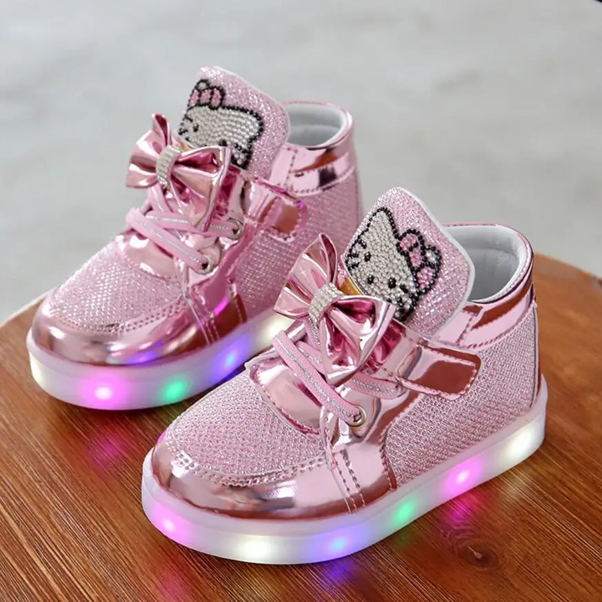 KKABBYII Children Shoes New Spring Hello Kitty Rhinestone Led Shoes Girls Princess Cute Shoes With Light EU 21-30