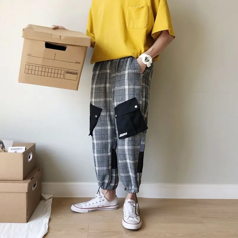 

Hip Hop Fashion Plaid Streetwear Pants Men Pockets Patchwork Jogger Harem Pants Male Loose cargo pants Trousers