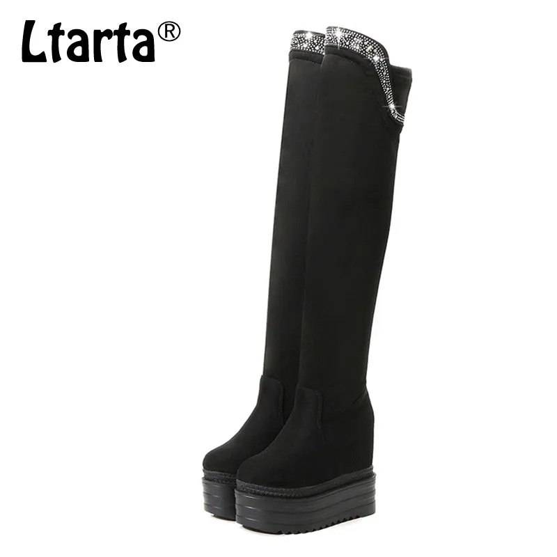 

COWCOM 13cm sky high sponge thick bottom velvet increase high thin women's boots rhinestones over the knee boots ZYW-521-126