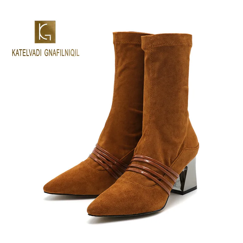 

Women's Boots Pointed Toe Brown Flock Leather Elastic Ankle Boots Thick High Heels Shoes Woman Autumn and Winter Boots K-274
