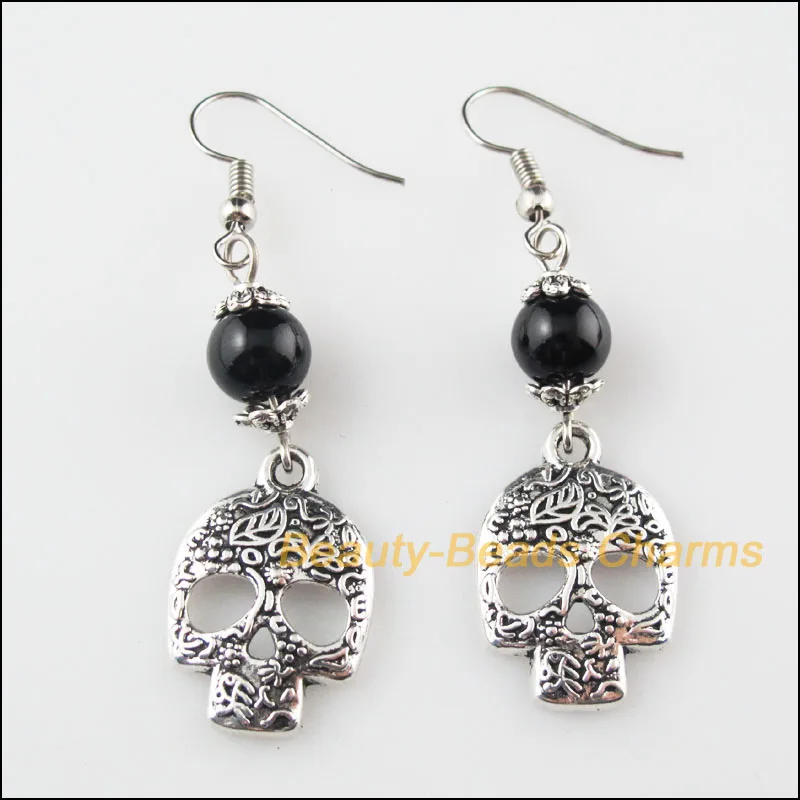 

One Pair Blake Glass Beads Halloween Skull Charms Tassel Dangle Earrings Hook Jewelry Gift