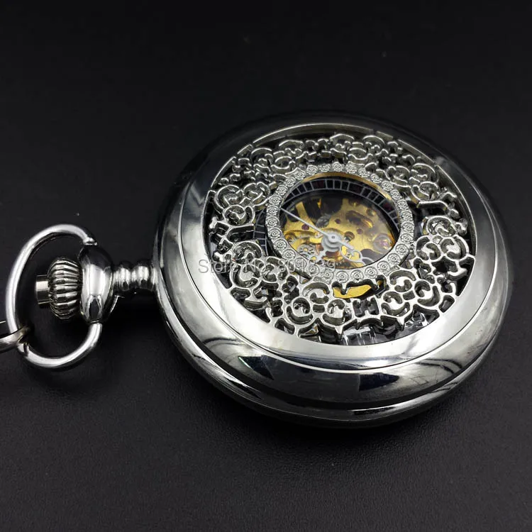 Luxury Silver Tone Skeleton Mechanical Wind Up Pocket Watch Nice Xmas Gift Wholesale Price H112