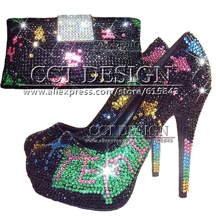 Shoes With Matching Bags Black Green Rhinestone Party Evening Shoes Platform Pumps Prom Shoes Colorful Crystals Shoes Women