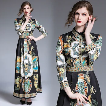 

womens woman ladies Designer spring summer Vintage shirt neck Floral runway Slim A-Line party long maxi Swing dress for women