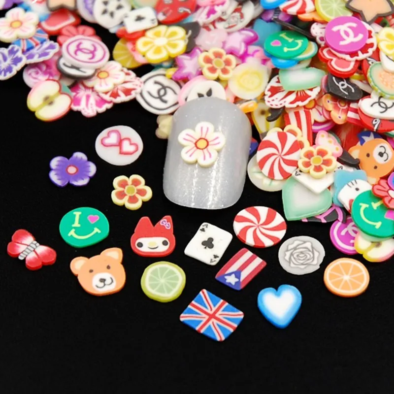 

1000pcs / pack fruit feather heart sugar mixed with small Fimo slice polymer clay nail sticker DIY nail decoration accessories