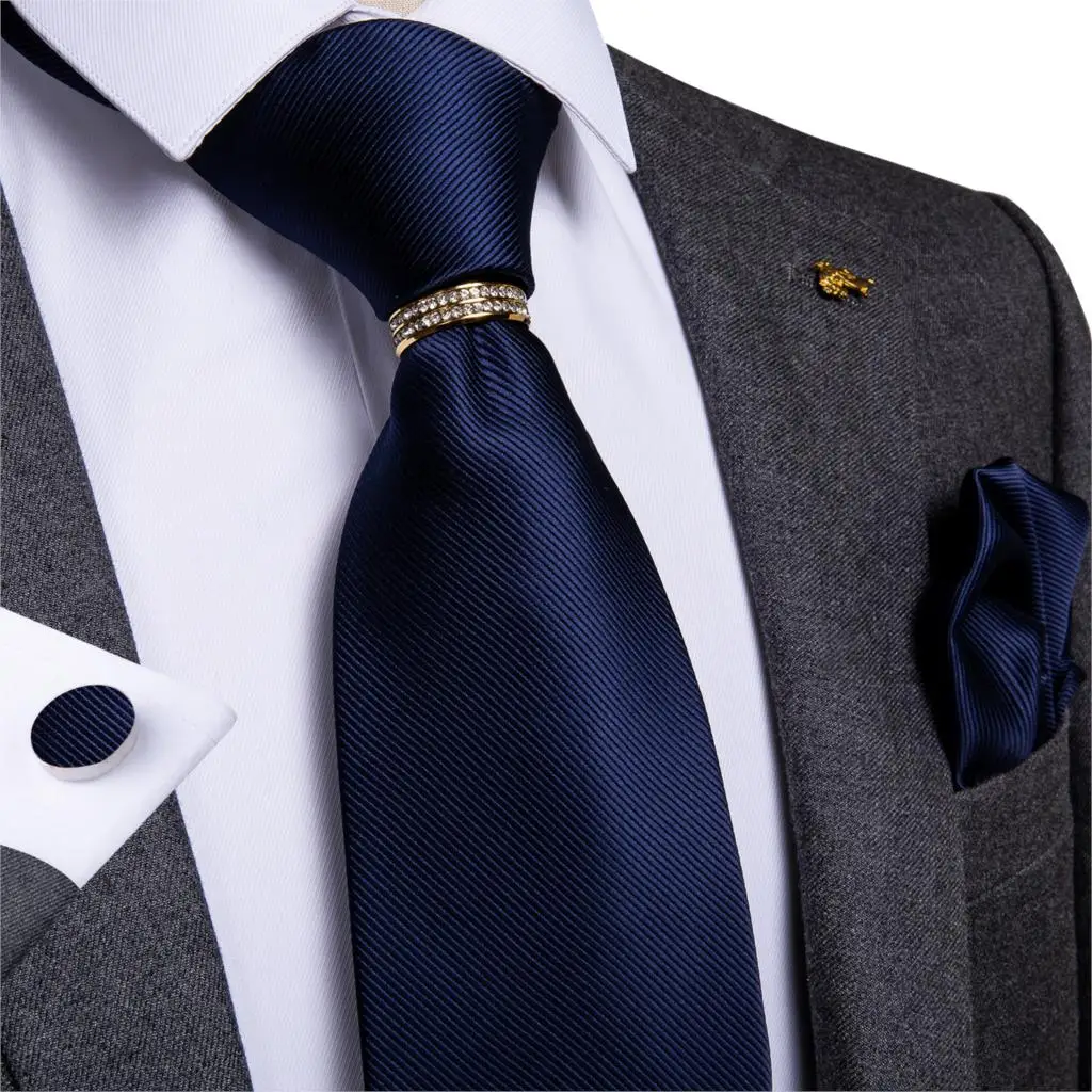 Mens Necktie Blue Solid Wedding Tie For Men Necktie Ring Hanky Cufflink Silk Tie Set DiBanGu Designer Business Party JZ-03-770