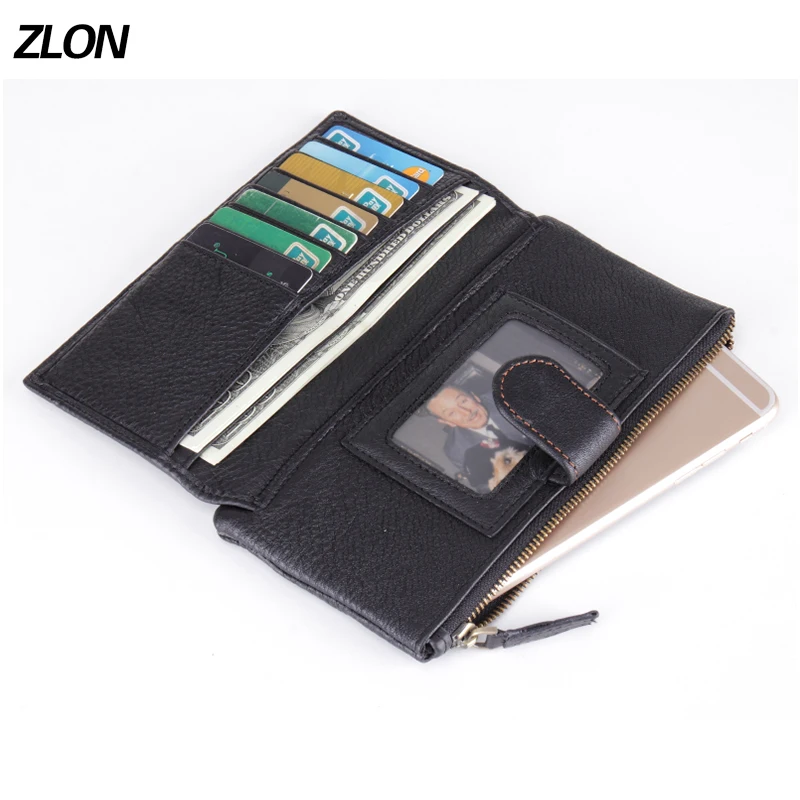 

Trend Fashion Men's Top Genuine Leather Wallet Credit Card Checkbook Phone Handbag Photo Zipper Hasp Long Wallet Black Q342