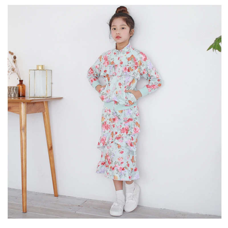 

Teenage Girls Clothing 2 pieces Floral Print Skirts Suits Long Sleeve Zipper Jackets Elegant Outfit for Girl 10 12 14 years