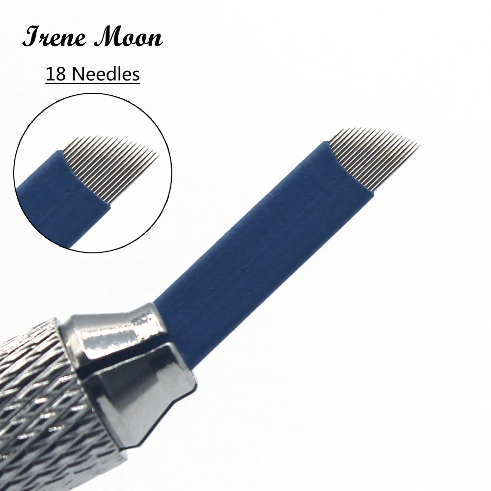 50PCS 18 Pins Permanent Makeup Eyebrow Tattoo Bevel Blade Microblading Needles For 3D Embroidery Manual Tatoo Pen Machine Blue