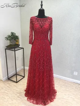Preise Volle Beadcing Roten Abendkleid Lange 2018 3/4 Hülse Elegante Tüll Prom Party Kleider Für Frauen