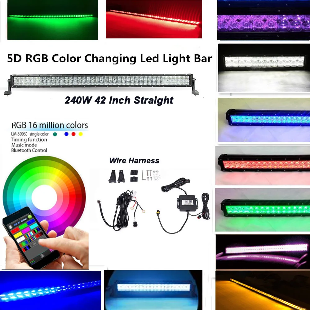 Honzdda 42" 5D 240W RGB LED Light Bar Spot Combo Lamp Bluetooth App & Wiring Harness Control Color Changing Led Warning Light-in Light Bar/Work Light from ...