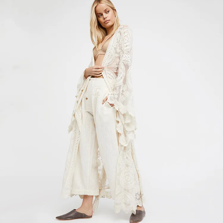 

2019 New Big Yards Women's Summer Holiday Wind Outside The Lace Cardigan Long V-Neck Women Shirts Women Clothing