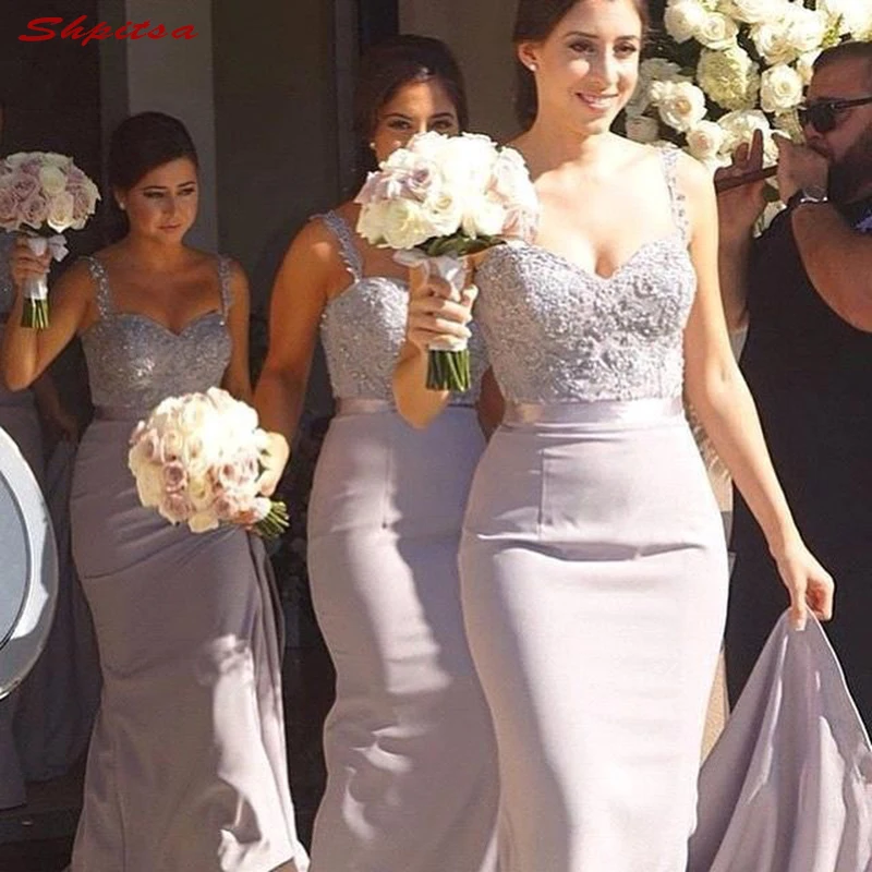 Кружева серый платья невесты долго для Свадебная вечеринка Для женщин бретельках невесты горничной платья