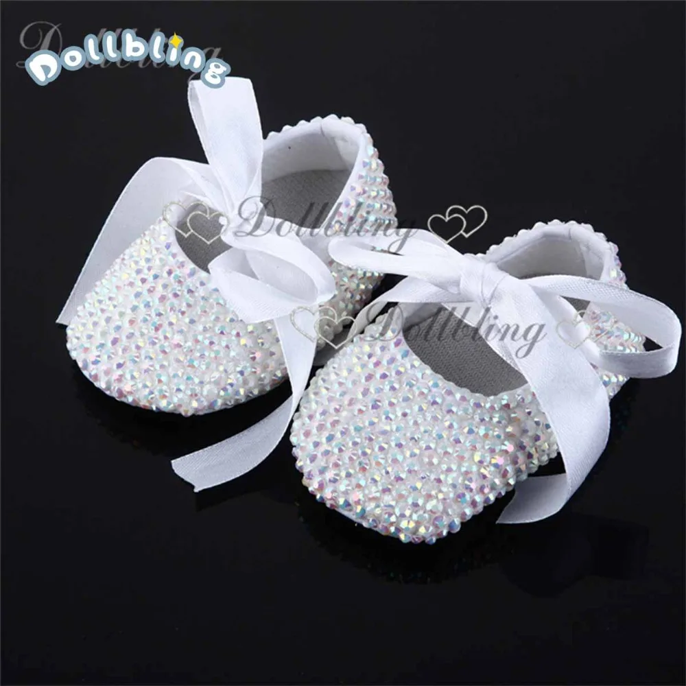 

White AB Crystal Wedding idea ribbon match baby first walkers handmade custom No.1 dollbling brand crystal girl shoes