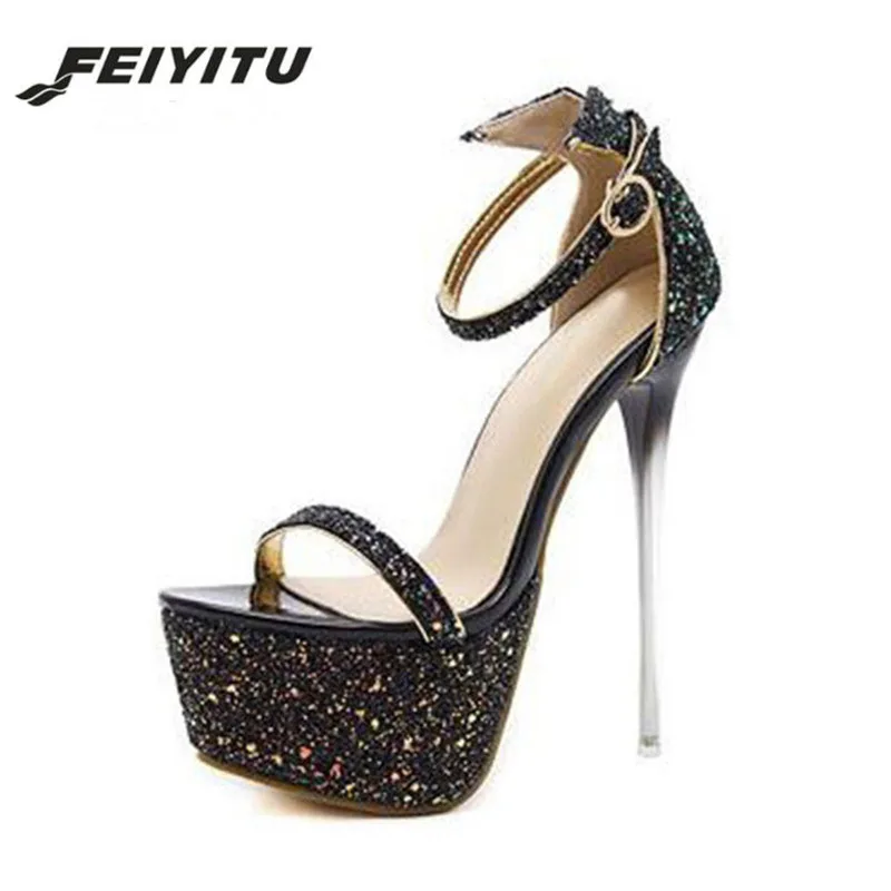 

FeiYiTu Summer Sexy Women Sandals High Heels Bling Open Toe Transparent Heel Gladiator Sandals Platform Party Shoes black pink