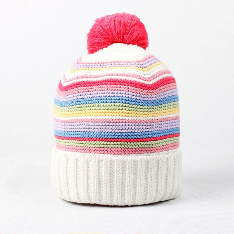 Rainbow Stripe Baby Beanies Warm Hat Winter Thick Crochet Cotton Infant Girls Caps High Quality Comfortable with Pompom 2019 New (2)