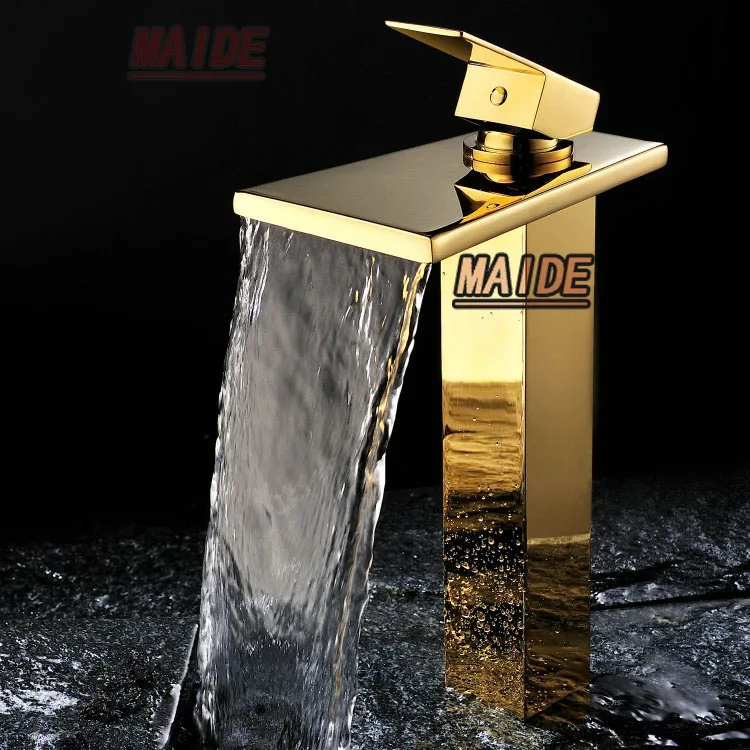 Brass Gold(Ti PVD) Widespread Waterfall Bathroom Bath Sink Faucet Mixer
