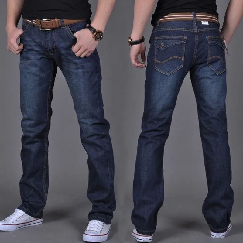 Новые модные мужские повседневные джинсы, узкие прямые высокие эластичные джинсы со средней талией, длинные брюки