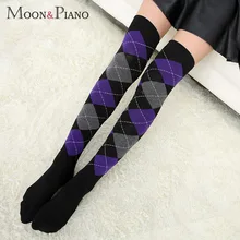 Осенние и зимние женские чулки с ромбовидной клетчатой сеткой, дышащие, красочные, модные, Harajuku, полиэстер, женские, выше колена