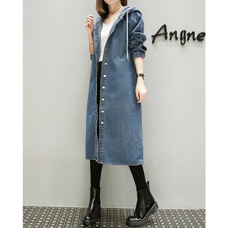 New Female Plus Large Size Hooded Denim Dress High Quality Women Autumn Winter Long Casual Jeans Dress for Fat People