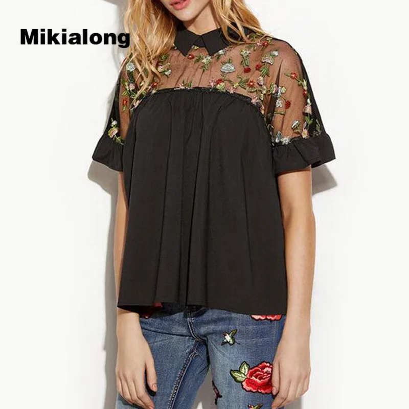 Mikialong Mesh Patchwork Embroidery Blouse 5XL Plus Size Women Tops...