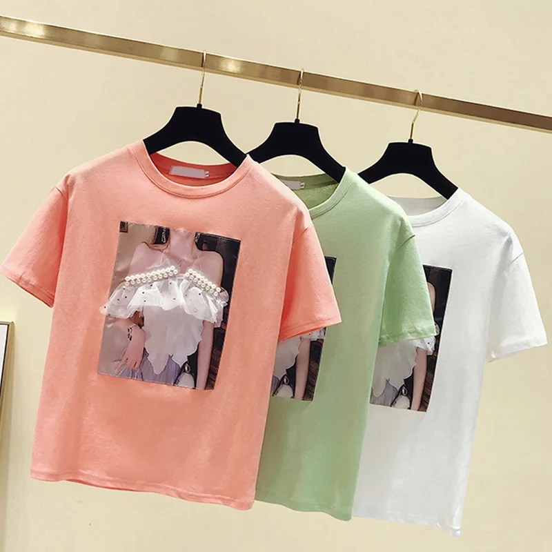 

Appliques Beaded Short Sleeve Women T-Shirts Summer Flowers Design O-neck Shirt Tops Female 2019 Fashion Casual Tees shirts
