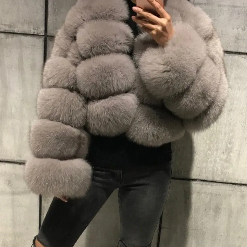 Gray FURSARCAR New Fashion Natural Real Blue Fox Fur Women Natural Genuine Fur Jackets Coats Female 5 Row Short Outerwear Girls - Color: Gray