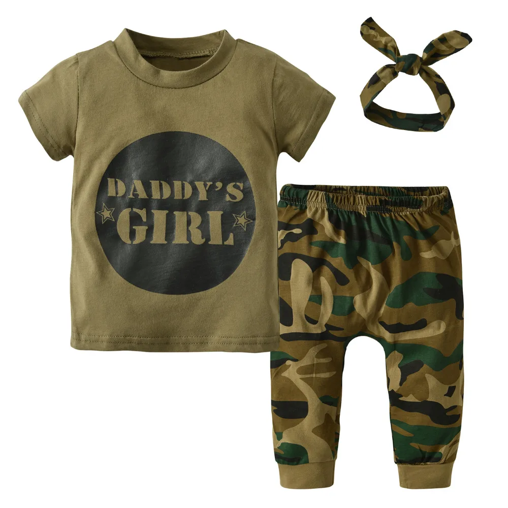 

3Pcs Summer Newborn Toddler Army Green Baby Boys Girls Clothes Letter T-shirt Tops Camouflage Pants+Headband Infant Outfits Set