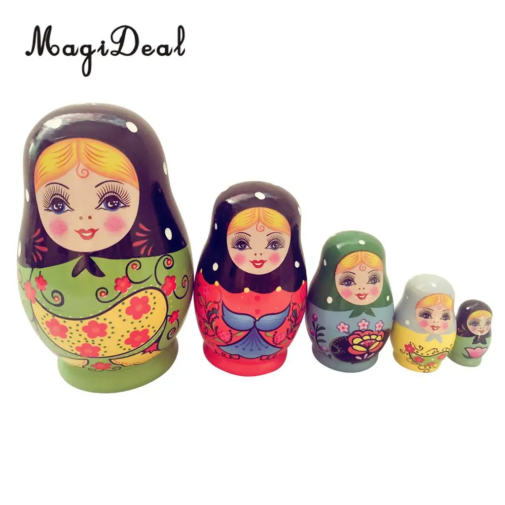 MagiDeal Cute 5Pcs/Set Painted Girls Wooden Russian Nesting Dolls Babushka Matryoshka Toys for Kids Children Baby ToyGift