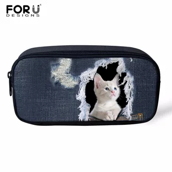 

FORUDESIGNS Women Professional Makeup Bag Cute Denim Cat Dog Pencil Case Bags Pen Pouch for Children Girls Boy Organizer