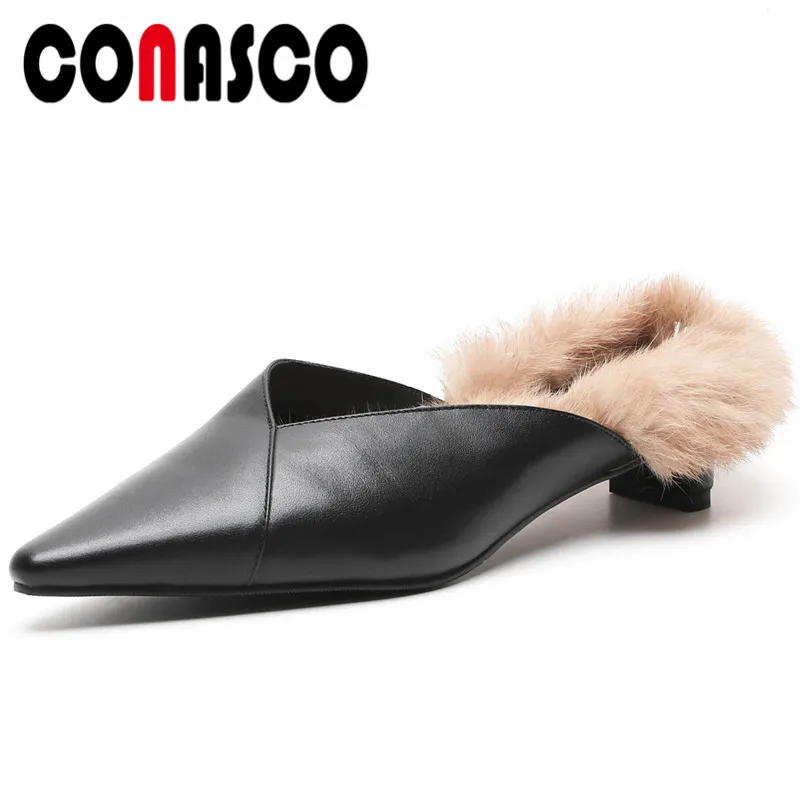 

CONASCO Brand Women Slingbacks Pumps High Heels Rabbit Fur Wedding Party Shoes Woman Genuine Leather Pointed Toe Pumps