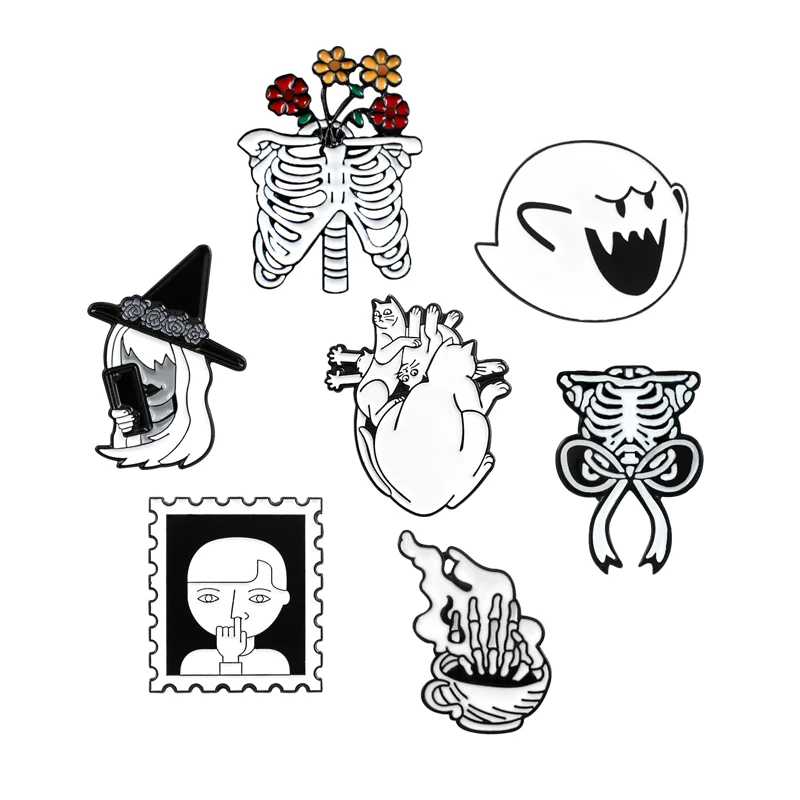 

White Skeleton Ribs Brooch Mario Magic Witch Rose Skull Coffee Cup Cat Heart Stamp Enamel Pin Coat Backpack Badge Gothic Jewelry