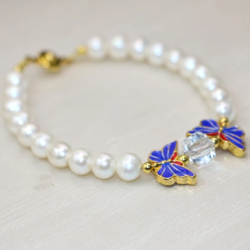 High grade 7 8mm white natural pearl butterfly cloisonne beads strand