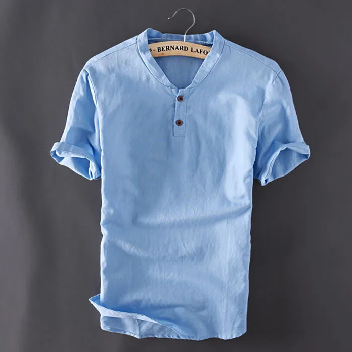 Китайская мужская повседневная льняная рубашка с коротким рукавом от известного бренда, летняя хлопковая льняная одежда, облегающие топы, модные пеньковые рубашки - Цвет: Light Blue