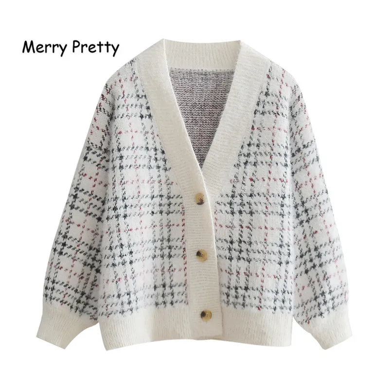 

Merry Pretty 2019 autumn winter chic plaid single-breasted cardigans women v-neck knitted sweater thick warm white knitwear girl