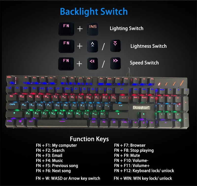 Bosston английская русская игровая механическая клавиатура, анти-ореолы, светодиодная подсветка, клавиатуры для ПК, ноутбука, 104, колпачки, синий переключатель