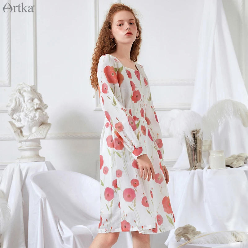 Женское винтажное платье ARTKA средней длины с длинным рукавом и поясом