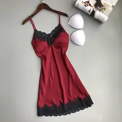 Спагетти ремень с Pad Для женщин Ночная рубашка Глубокий Кружева Sexy V женского белья