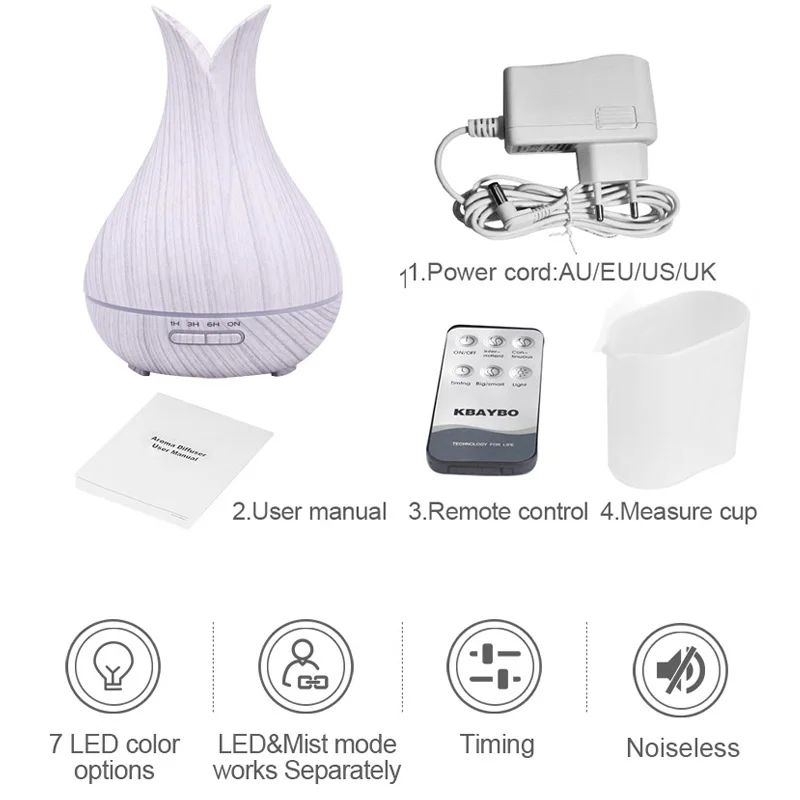 KBAYBO 400ml air humidifier with remote control white wood grain aroma oil diffuser air purifier 7