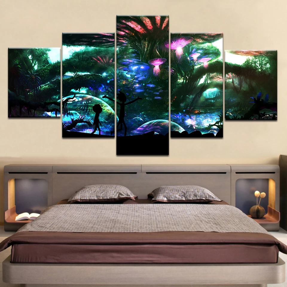 5piece Poster Canvas Night Mushroom World Rick and Morty Canvas Set