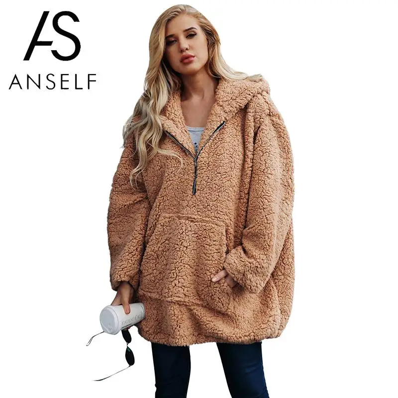 

Anself New Hoodie Sweatshirt Imitated Wool Fleece Fur Coat 2019 Women Fall Winter Warm Soft Thick Plush Zip Overcoat Outerwear