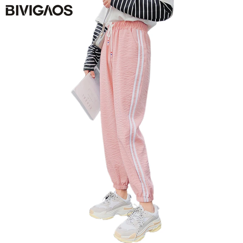 

BIVIGAOS Spring Summer Side Vertical Striped Thin Linen Harem Pants Korean Loose Casual Pants Harajuku Sweatpants Women