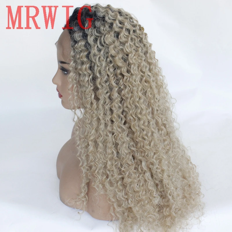 MRWIG short dark roots 1b#/27#mixed #613 blonde hair color long kinky curly synthetic front lace wig