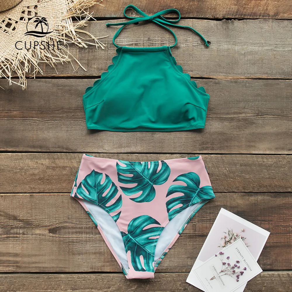 CUPSHE Teal And Palm Print High neck Halter Bikini Sets Sexy Swimsuit ...