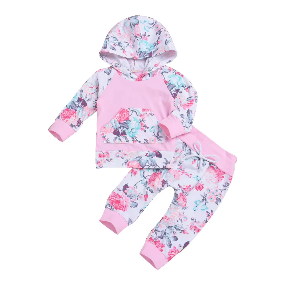 Newborn Infant Baby Boy Girl Floral Tops Hoodie Pants Outfits 2Pcs Set