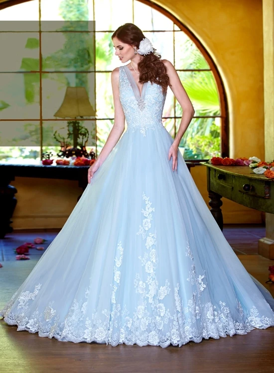 Sky Blue Wedding Dresses Colored Tulle With Lace Deep V Neck Sexy