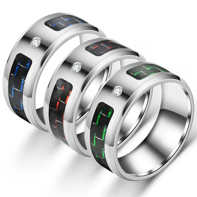 

CZ Centerpiece Personalize Carbon Fiber Ring for Man Inlaid Crystal Stainless Steel Male Alliance Casual Customize Jewelry Band